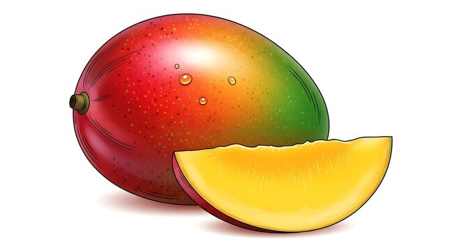 Vibrant whole mango with water droplets and a bright yellow-orange slice, showcasing its juicy and fresh appearance on a white background.