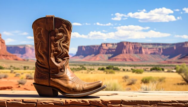 A cowboy boot on a stone ledge overlooking desert landscape
