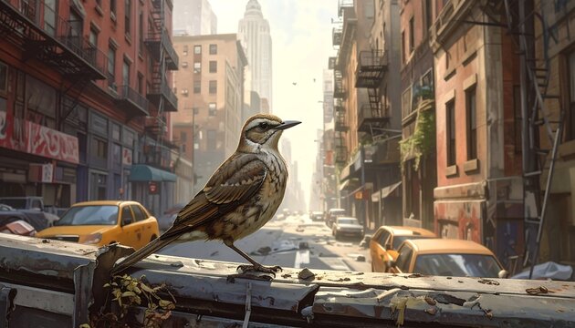 A bird perches on a metal beam overlooking a bustling city street