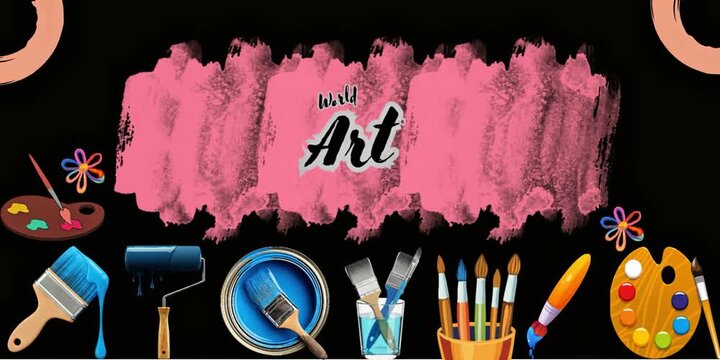 World Art Day footage with pink paint strokes, art tools, and creative elements on dark background. Perfect for creative campaign banner, artistic footage, illustration, and vector design.