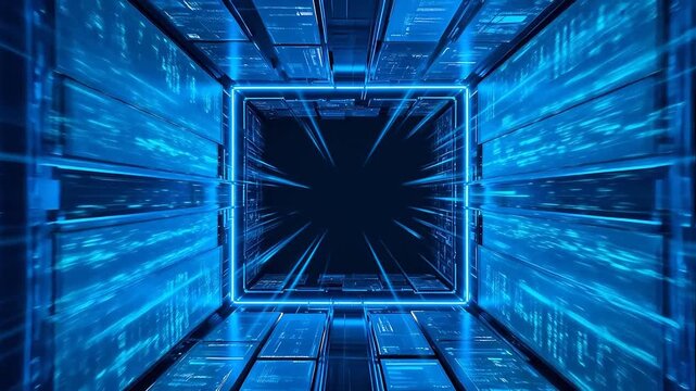 Digital space with blue cubic structure and screens showing data