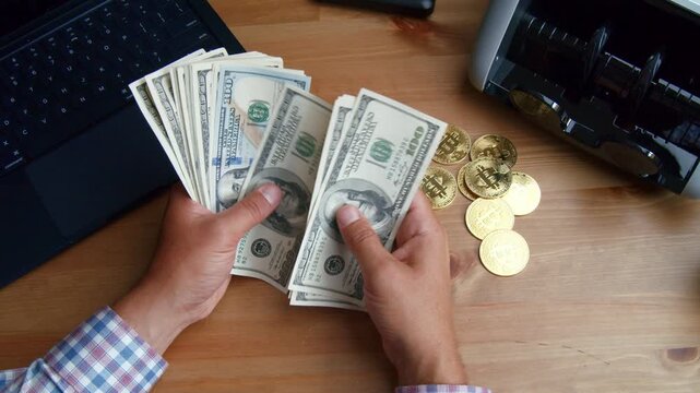 Hands skillfully handle various denominations of cash and shiny coins, creating a mesmerizing dance of wealth and finance on a warm afternoon
