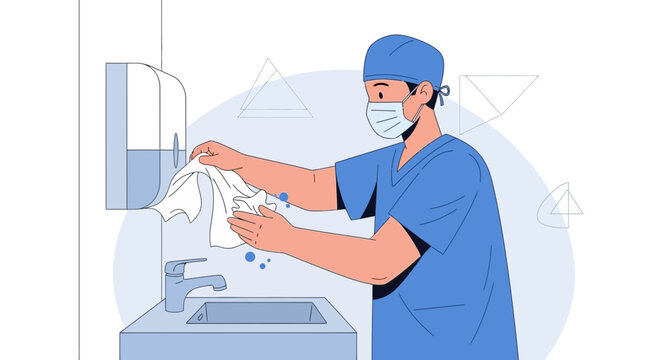 Doctor washing hands with soap and towel in hospital sink, hygiene concept