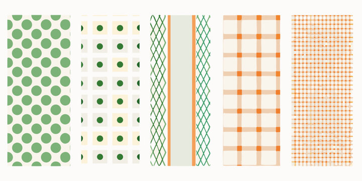 A collection of patterned fabric swatches in green orange and cream