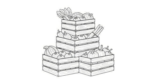 Freshly harvested organic vegetables arranged in wooden crates presented in a graphic style ideal for farm-to-table concepts and market displays