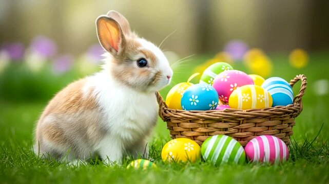Easter bunny with colorful eggs basket.