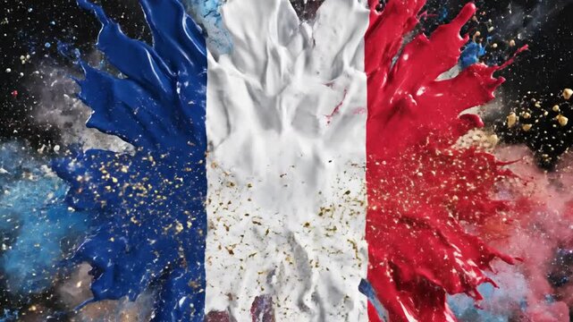 Explosion of blue, white, and red paint creating the French flag for Bastille Day celebrations and national pride