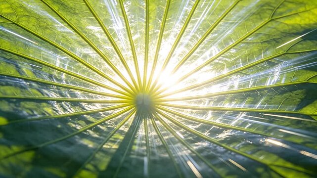 Green leaf veins with sunlight beams and radiating patterns
