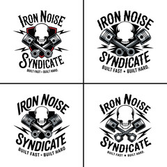 Obraz premium Four variations of a gritty biker emblem featuring a skull and crossed pistons with vintage typography for club logo design