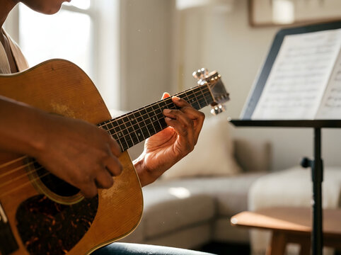 Primer plano de manos tocando una guitarra ac&uacute;stica con partituras en un ambiente hogare&ntilde;o y luminoso