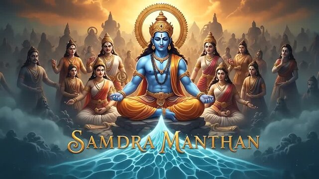 Lord Vishnu meditating amidst celestial beings during Samudra Manthan, a pivotal event in Hindu mythology.
