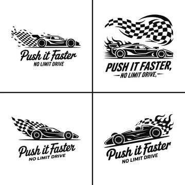Black and white racing logos featuring fast sport cars with checkered flag patterns and speed flames for automotive branding designs