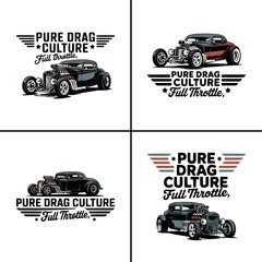 This collection features multiple exciting vintage hot rod designs celebrating pure drag culture and full throttle speed with custom classic cars. © Vectyx
