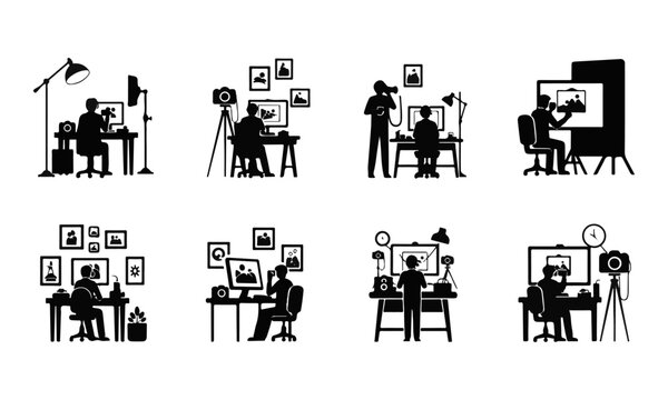 Isolated Black Vector Icon Set: Photography Studio Workflow and Digital Photo Editing Process