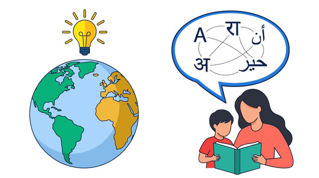 Global Education and Multilingual Language Learning Illustration with Mother and Child Reading, World Map Globe, and Innovation Lightbulb Icon for Knowledge