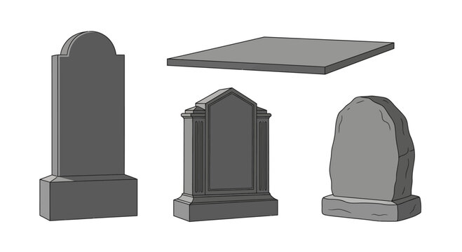 Collection of diverse gravestones and tombstone designs, including upright, ornate, and slab styles.