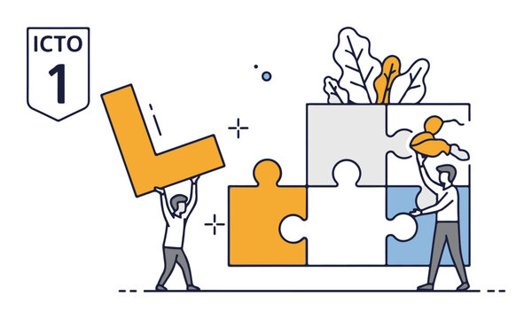 Two People Assembling Puzzle Pieces, Teamwork and Business Problem Solving Concept Vector Illustration with 'ICTO 1' Label