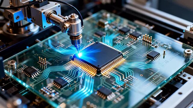 Robotic arm working on electronic circuit board chip