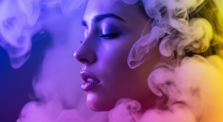 Naklejka premium Profile of a young woman with closed eyes, surrounded by colorful, swirling smoke