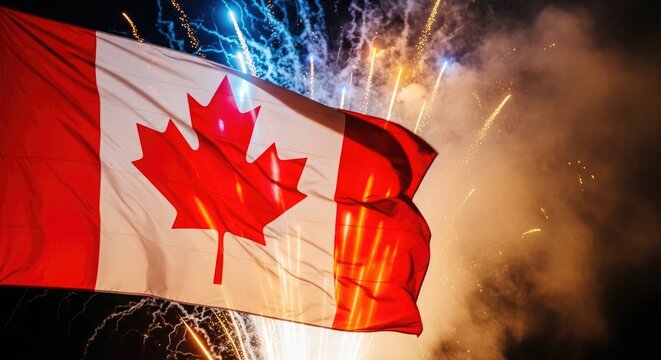 Title waving canadian flag against a blurred background of lights description a vibrant canadian flag is prominently displayed waving gently against a