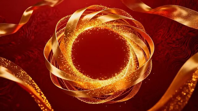 Golden ribbons forming a ring shape with sparkles on red background