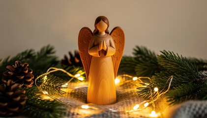 Fototapeta premium Christmas Angel: A serene wooden angel figurine rests amid twinkling lights and seasonal greenery, exuding a sense of peace and seasonal warmth.