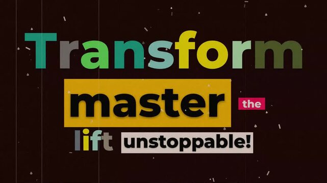 Colorful kinetic typography animation features motivational words assembling on a dark textured vintagestyle background. Gym motivation quote
