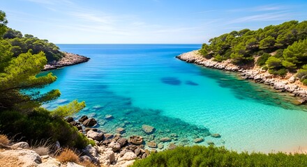 Naklejka premium Turquoise bay with rocky shore and pine trees, Mediterranean coast, sunny day