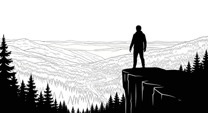 Silhouette of a lone figure standing on a cliff's edge, gazing at a vast mountainous landscape under a clear sky