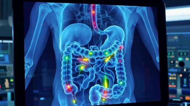 Medical scan of human digestive system on screen in hospital