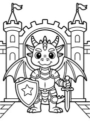 Obraz premium Brave Dragon Knight in Front of a Castle: A whimsical illustration depicts a courageous dragon knight, ready to defend a majestic castle. Armed with a sword and shield.