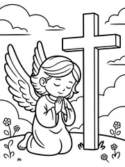 Fototapeta premium Angel's Humble Devotion: An angelic figure, wings spread gracefully, kneels in prayer before a simple cross, surrounded by a tranquil scene of nature's purity.