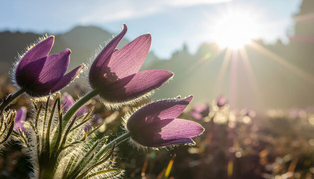 Backlit purple pasque flowers blooming at sunrise