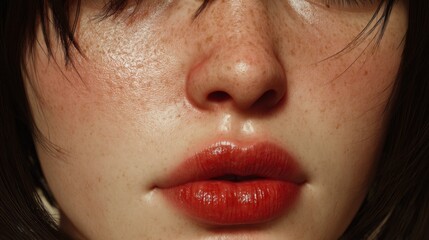 Naklejka premium Close-up of a person's lower face showing glossy red lips, freckles, and natural skin texture, Human Emotion Mapping AI technology