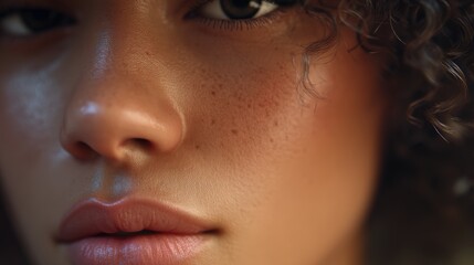 Naklejka premium Close-up portrait of a young person with curly hair, highlighting natural skin texture and soft lighting on the face, Human Emotion Mapping AI technology