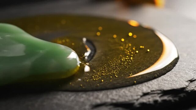 A hand applies a green jade roller to a gold serum on a dark surface in this close-up video