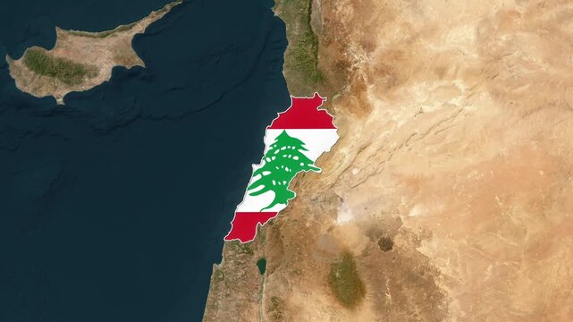 Lebanon map and national flag zooming in on satellite footage