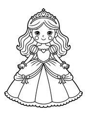 Fototapeta premium Royal Princess Illustration: A captivating line art illustration of a princess, showcasing her regal attire, crown, and gentle smile.