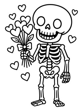 Loving Bones: A charming skeleton, clutching a bouquet of heart-shaped flowers, expresses a unique symbol of affection and love. A quirky embodiment of warmth and romance.