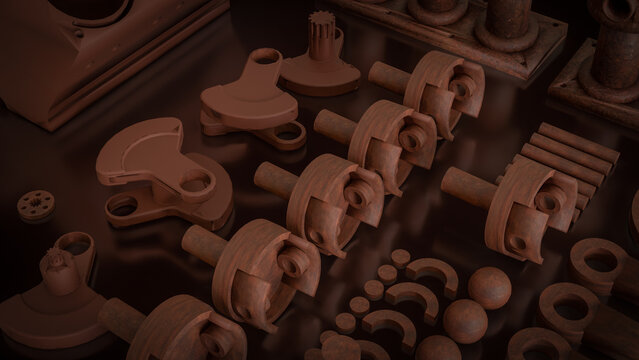 Engine Cylinder Block And Pistons Mechanical Parts 3d render.