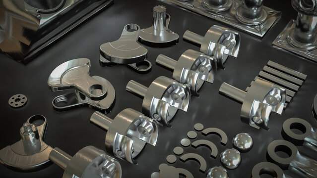 Shiny Engine Cylinder Block And Pistons Mechanical Parts 3d render.