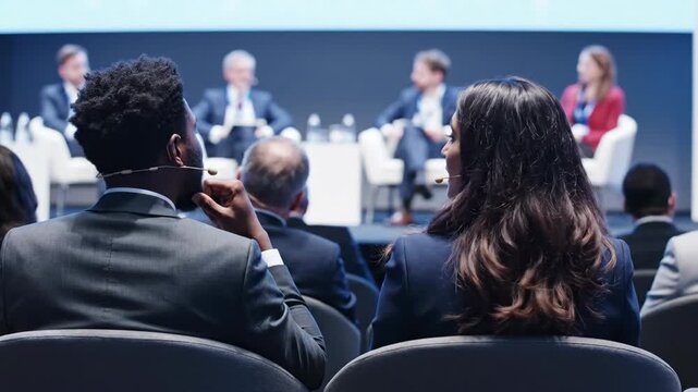 Corporate audience attending leadership panel for training and event promotion