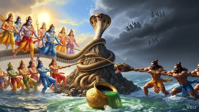 Epic depiction of the Samudra Manthan, the Hindu myth of the churning of the cosmic ocean for nectar, with gods and demons pulling Vasuki serpent around Mount Mandara.