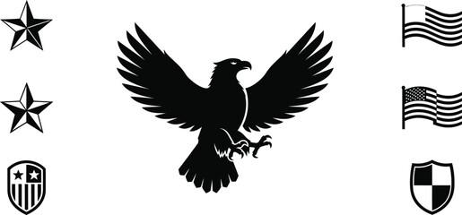 Fototapeta premium American patriotic symbols eagle flags and stars on a white background