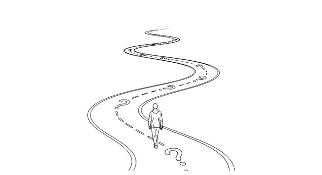 Roadmap question mark vector illustration depicting a lone person walking on a winding path toward an uncertain future representing business challenges strategic decision making and finding solutions 