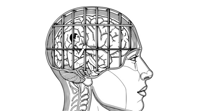Mental prison illustration featuring a human silhouette with a brain inside a cage where a trapped person sits representing psychological struggle, depression, stress, anxiety, and trapped mindset .