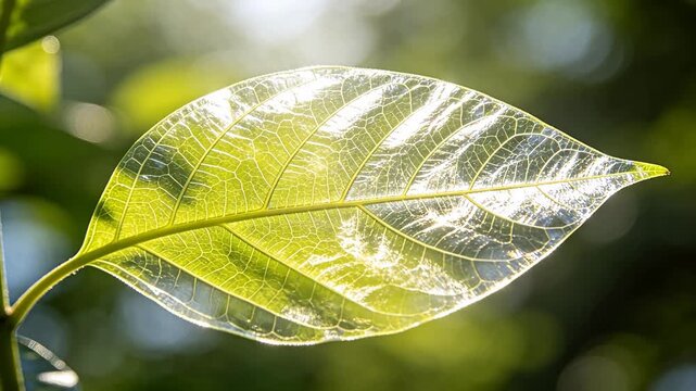 Green leaf vein detail with sunlight and natural texture