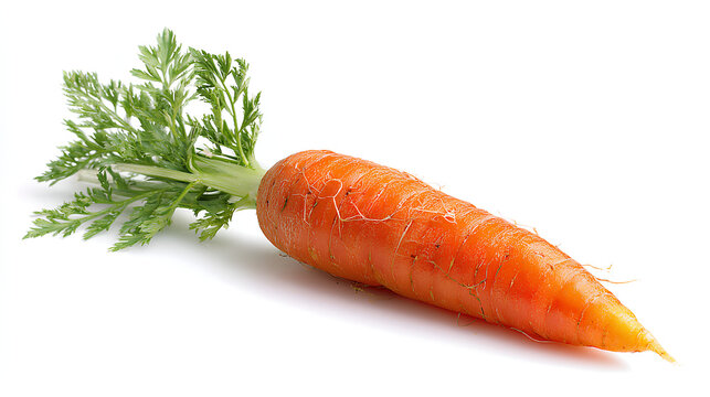 Single fresh carrot on white background with green leaves in minimal composition showcasing clean nutrition healthy eating and simplicity concept