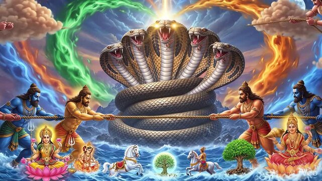 Epic depiction of the Samudra Manthan, a Hindu myth where gods and demons churn the ocean for nectar, with Shesha Naga at the center.