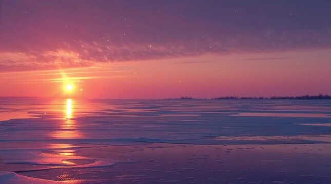 Vibrant sunset over frozen lake landscape.
